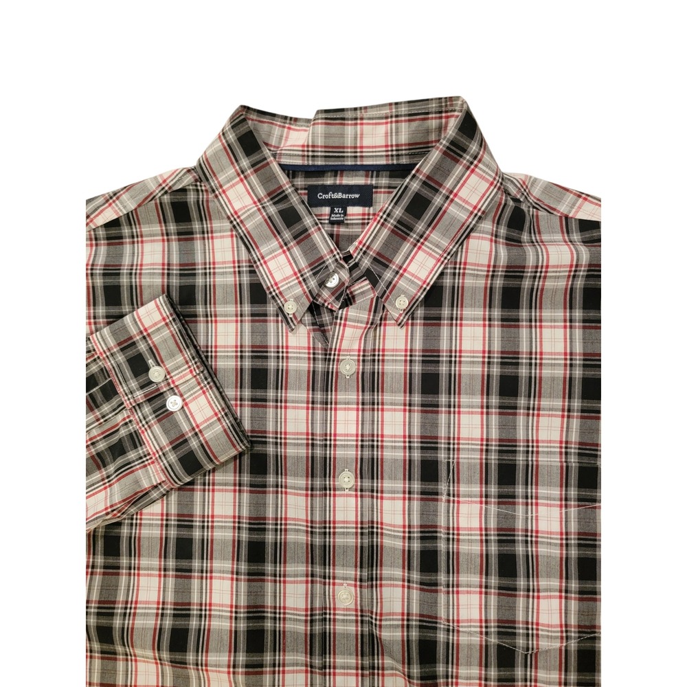 Croft and Barrow Mens Plaid Long Sleeve Button Down Shirt XL Black Red White